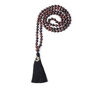 COAI Collar Mala 108 Cuentas de Ojo de Tigre Rojo Anudadas a Mano con Borla y Amuleto OM Unisex, 6mm