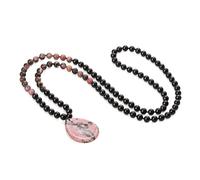 COAI Collar Mala 108 Cuentas de Piedras Naturales Ónix Negro y Rodonita con Colgante Piedra de la Palma, Collar Rosario para Hombres y Mujeres para la Ansiedad y el Estrés