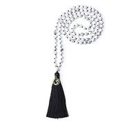 COAI Collar Mala Budista 108 Cuentas de Howlita Anudadas a Mano con Borla y Amuleto OM