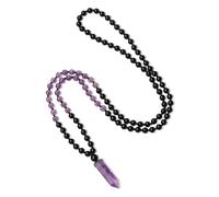 COAI Collar Rosario Japa Mala 108 Cuentas de Ónix Negro y Amatista Anudadas a Mano y Colgante de Amatista Piedra Natural Pendulo Hexagonal, Collar Piedras Naturales