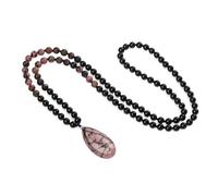 COAI Collar Rosario Mujer, Japa Mala 108 Cuentas de Ónix y Rodonita Anudadas a Mano y Colgante de Rodonita, Collar Gota de Agua Mujer