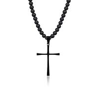 COAI Collar Rosario para Hombre con Cuentas de Ónice Mate y Colgante Cruz de Acero Inoxidable Negro