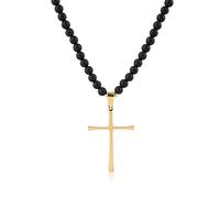 COAI Collar Rosario para Hombre con Cuentas de Ónice Mate y Colgante Cruz Dorada
