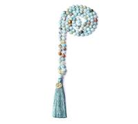COAI Collar Unisex Mala 108 Cuentas de Amazonita Lisa Anudadas a Mano con Borla y Amuleto OM, 6mm