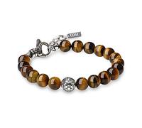 COAI Pulsera Ajustable para Hombre de Ojo de Tigre Marrón con Perla Fleur de Lis en Acero Inoxidable