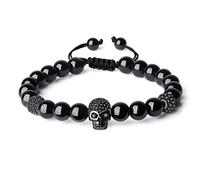 COAI Pulsera Ajustable para Hombre de Turmalina Negra Piedra Natural con Amuleto Calavera