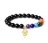 COAI Pulsera Chakras con Cuentas de de Turmalina Negra Piedra Natural y Piedras Semipreciosas con Amuleto Mano de Fátima M