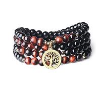 COAI Pulsera Collar Mala 108 Cuentas de Ónice y Ojo de Tigre Rojo Piedras Naturales con Amuleto Árbol de la Vida