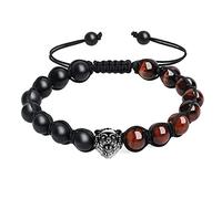 COAI Pulsera de Cuentas de Piedra Ónix y Ojo de Tigre Rojo Natural, Pulsera Ajustable para Hombre Hecha a Mano con Dije de León