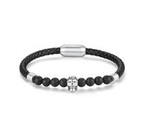COAI Pulsera de Cuero Negro para Hombre con Cuentas Negras de Ónix con Calavera S