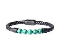 COAI Pulsera para Hombre de Cuero Negro Genuino y Cuentas de Malaquita Piedra Natural