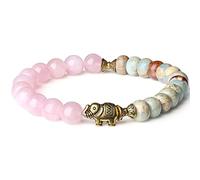 COAI Pulsera para Mujer con Cuentas de Cuarzo Rosa y Variscite con Amuleto Elefante