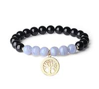 COAI Pulsera para Mujer de Turmalina Negra y Ágata Azul Piedras Naturales con Amuleto Árbol de la Vida