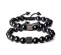 COAI Pulseras para Pareja de Turmalina Negra con Amuleto Cubo con Circonitas