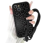 Coalbooliy Funda con Cuerda Strap para iPhone 15 Plus 6,7'' Carcasa Aesthetic Leopardo Negro Summer patrón con Universal Colgante Cordon Correa Cuerdas Protección de Cámara niña Case Móvil, 02