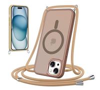 Coalbooliy Funda Magnética para iPhone 15 con Cuerda, Carcasa Translúcida Mate Trasera Fina Antigolpes Case con Correa Colgante Ajustable Collar Correa de Cuello Cadena Cordón, Marrón