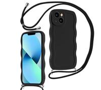 Coalbooliy Funda para iPhone 15 6,1" Avec Cordon de Collier, Lindo Marco de Ondas Rizadas Caso Cover Silicona Suave Bonito Ondulado rizadas Carcasa Cuerda para Niñas Mujeres, Negro