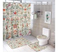COALHO Bohemia William Morris Art - Juego decorativo de baño de 4 piezas, abstracto, retro, mediados de siglo, bohemio, floral, pájaro, cortina de ducha con alfombra, 12 ganchos, 183 x 183 cm