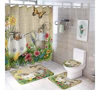 COALHO Juego de 4 cortinas de ducha impermeables abstractas de conejo de Pascua, acuarela, retro, conejo, huevos, mariposas y flores con cubierta de inodoro impermeable, alfombra de ducha, 183 x 183