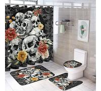 COALHO Juego de 4 cortinas de ducha impermeables con diseño de calavera de rosas rojas, fantasía, abstracto, gótico, esqueleto, con cubierta de inodoro impermeable, alfombra de ducha, 183 x 183 cm