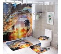 COALHO Juego de 4 cortinas de ducha impermeables con temática de surf oceánico, playa, palmeras, puesta de sol, olas con cubierta de inodoro impermeable, alfombra de ducha, 183 x 183 cm