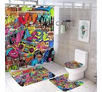 COALHO Juego de 4 piezas de decoración de baño con diseño retro de música rock punk, pared de ladrillo colorido de los años 90, hip hop, graffiti, fotografía, alfombra de ducha, cortina de ducha con