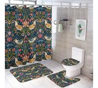 COALHO Juego de 4 piezas de decoración de baño con estampado abstracto de William Morris, acuarela, vintage, floral, pájaro, arte, cortina de ducha con alfombra, 12 ganchos, 183 x 183 cm