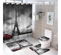 COALHO Juego de 4 piezas de decoración de baño de la Torre Eiffel vintage de París, moderno tema francés romántico Torre Eiffel, cortina de ducha con alfombra, 12 ganchos, 183 x 183 cm