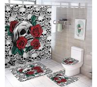 COALHO Juego de cortina de ducha con diseño de calavera de terror retro creativo, diseño de huesos abstractos, diseño de rosas rojas, antideslizante, impermeable, alfombra de baño, alfombra de