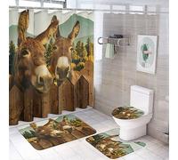 COALHO Juego de cortina de ducha creativa de burro rústico para baño, diseño vintage, bosque, burro, animales de granja, antideslizante, impermeable, alfombra de baño, alfombra de inodoro, 183 x 183