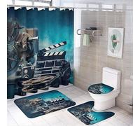 COALHO Juego decorativo de 4 piezas de cine en 3D, juego decorativo de cine vintage, industria cinematográfica, accesorios de producción de películas, cortina de ducha con alfombra, 12 ganchos, 183 x