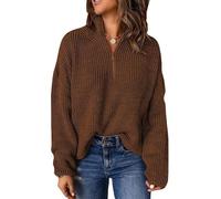 COALHO Ladies Half Zipper Pullover Drop Shoulder Long Sleeve Sweater Knit Crop Tops Fall Winter (M,Dark Brown)