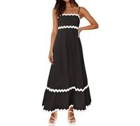COALHO Spaghetti Strap Dresses for Women 2024 Summer Beach Color Block Smocked Tiered Skirt Maxi Dresses (S,Black-02)