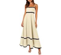 COALHO Spaghetti Strap Dresses for Women 2024 Summer Beach Color Block Smocked Tiered Skirt Maxi Dresses (L,Almond-03)