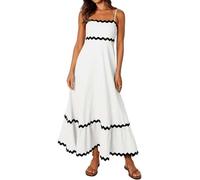 COALHO Spaghetti Strap Dresses for Women 2024 Summer Beach Color Block Smocked Tiered Skirt Maxi Dresses (XL,Black+Pure White-013)