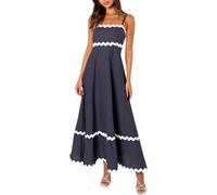 COALHO Spaghetti Strap Dresses for Women 2024 Summer Beach Color Block Smocked Tiered Skirt Maxi Dresses (M,Indigo-04)