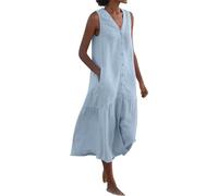 COALHO Spring Summer Sleeveless Cotton Linen Dress Summer Dresses for Women Sleeveless Pockets Vacation Maxi Dresses (XL,Light Blue)