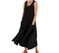 Women's Dresses Sleeveless Cotton Linen Dress Summer Dress Casual V-Neck Beach Dress Pockets (4XL,Black)
