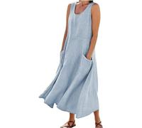 COALHO Women's Dresses Sleeveless Cotton Linen Dress Summer Dress Casual V-Neck Beach Dress Pockets (XL,Sky Blue)