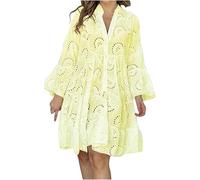 Women's Embroidery Lace Shirt Dress 2024 Loose Hollow out Dress Summer Long Sleeve Button Down Short Dresses (M,Yellow)