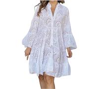 COALHO Women's Embroidery Lace Shirt Dress 2024 Loose Hollow out Dress Summer Long Sleeve Button Down Short Dresses (3XL,White)