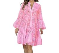 COALHO Women's Embroidery Lace Shirt Dress 2024 Loose Hollow out Dress Summer Long Sleeve Button Down Short Dresses (M,Pink)