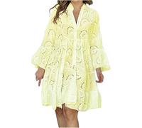 COALHO Women's Embroidery Lace Shirt Dress 2024 Loose Hollow out Dress Summer Long Sleeve Button Down Short Dresses (4XL,Yellow)