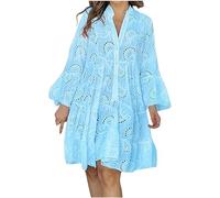 Women's Embroidery Lace Shirt Dress 2024 Loose Hollow out Dress Summer Long Sleeve Button Down Short Dresses (4XL,Sky Blue)