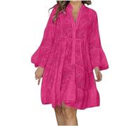 COALHO Women's Embroidery Lace Shirt Dress 2024 Loose Hollow out Dress Summer Long Sleeve Button Down Short Dresses (3XL,Rose Red)