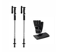COARTEX Set Bastones de Senderismo + Guante Deportivo, Aluminio, Plegables, con Amortiguación, 5 Colores, con Funda (Plata + Guantes Talla L-XL)