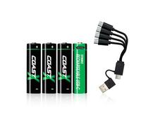 Coast Pilas AA 1,5 V USB-C de Iones de Litio, 2400 mAh, Carga en 2,5 Horas, Larga duración, Cable de Carga Incluido, Paquete de 4 Unidades