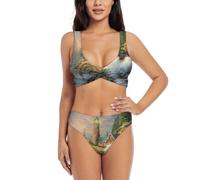 Coast Wave and Lighthouse - Conjunto de bikini de dos piezas para mujer con pantalones cortos, traje de baño de dos piezas con cuello halter, Negro, M