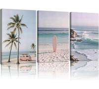 Coastal Beach Canvas Wall Art Vintage Van Surfboard Poster Tropical Ocean Palm Wall Decor for Living Room Bathroom(50x70cm x 3/Inner frame)
