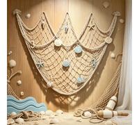 Coastal Fishing Net Wall Hanging with Fairy Lights, Lighted Coastal Wooden Starfish & Fish Hanging Decor, Warm Led Lights Remote Control for Living Room Bedroom Entryway Porch (#4,no Light)